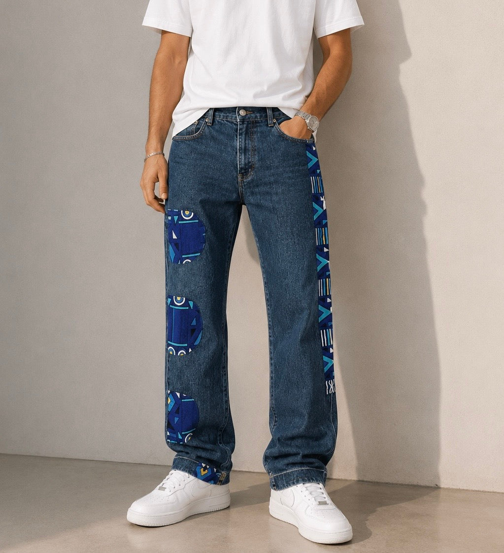 Jean Upcyclé Indigo & Wax Bleu Graphique – Pièce Unique T40