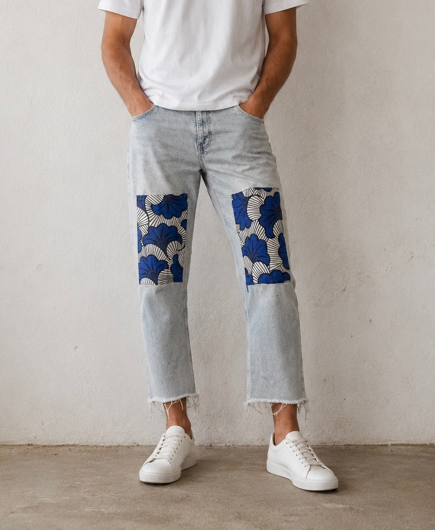Jean Upcyclé en Denim Clair & Wax Bleu – Pièce Unique T46