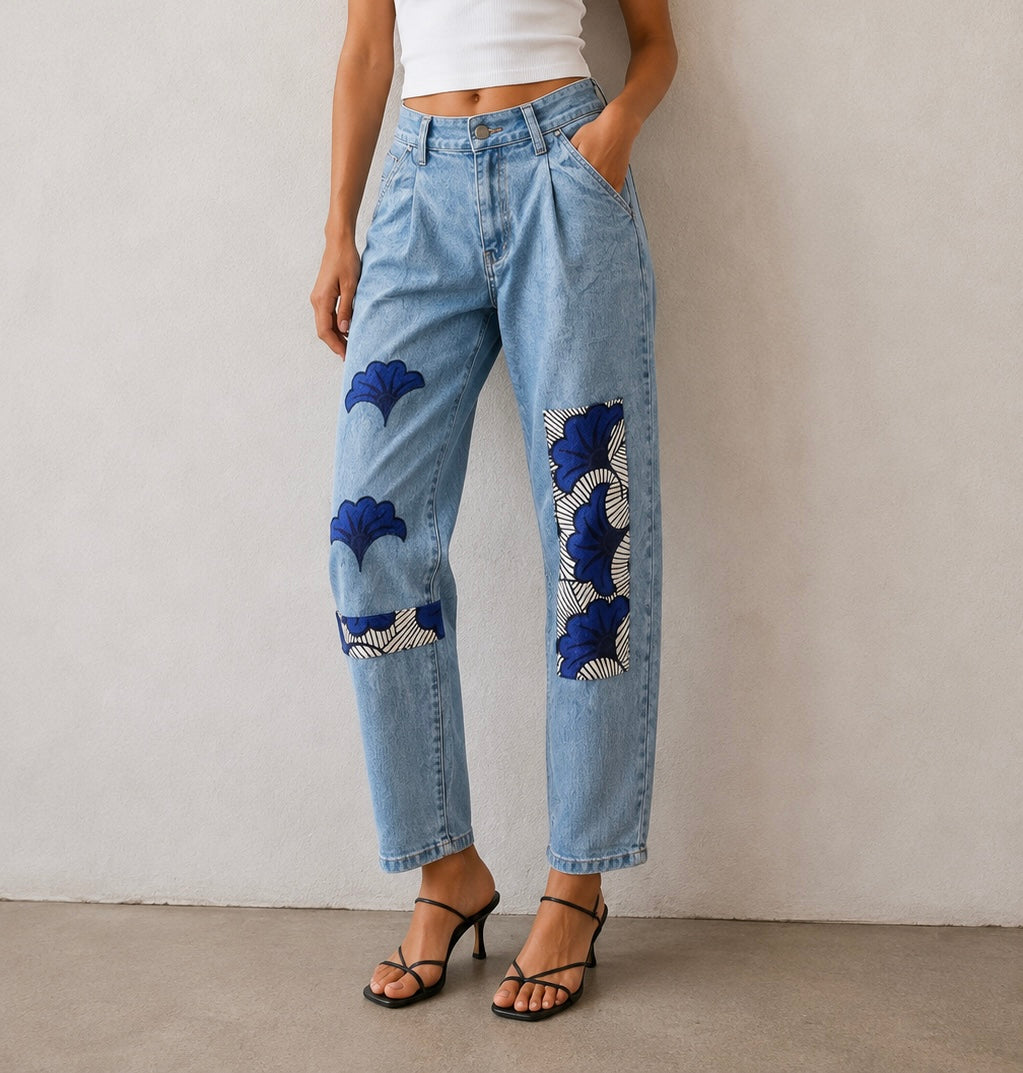Jean Upcyclé Denim Clair & Wax Fleurs de mariage – Pièce Unique Artisanale T36