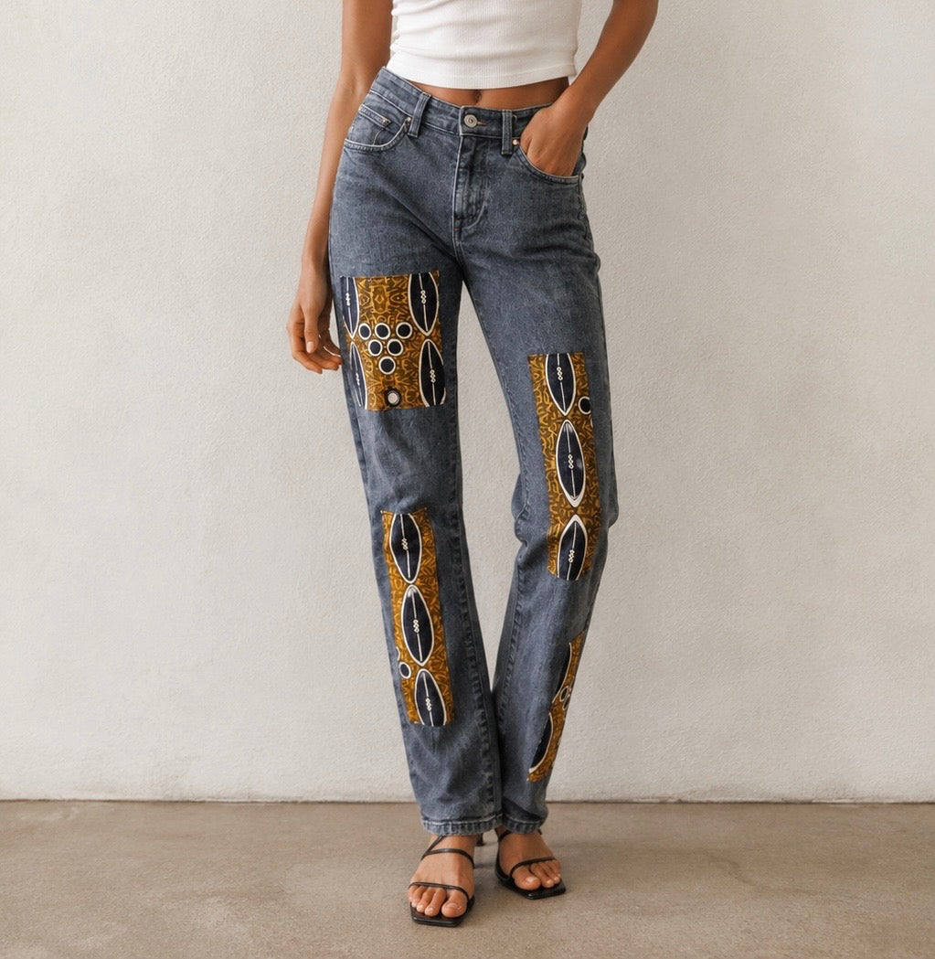 Jean Upcyclé en Denim & Wax Africain – Pièce Unique Kayah Studio T36