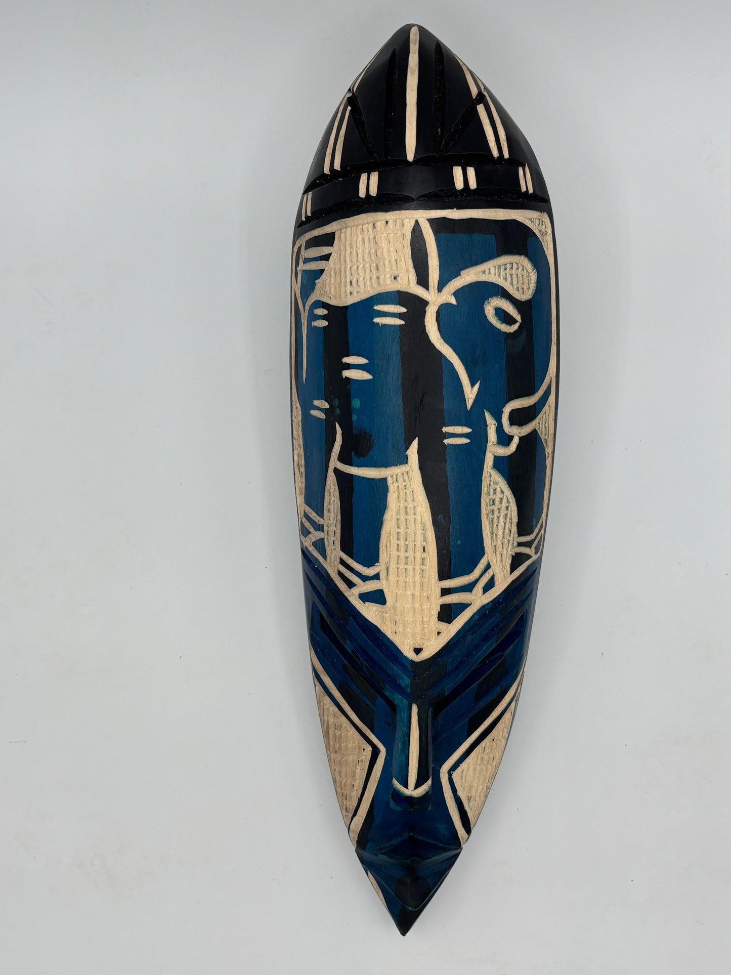 Masque mural africain vintage sculpté à la main – Eléphant bleu – Art sénégalais – Bois naturel