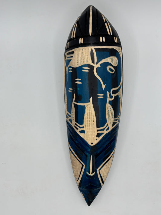 Masque mural africain vintage sculpté à la main – Eléphant bleu – Art sénégalais – Bois naturel
