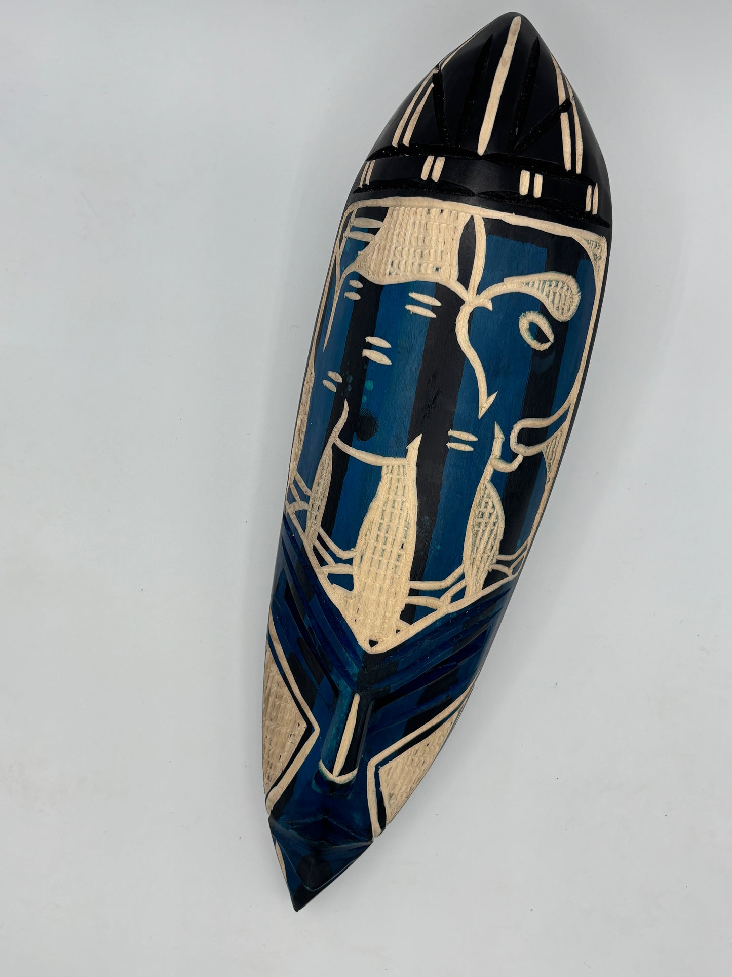 Masque mural africain vintage sculpté à la main – Eléphant bleu – Art sénégalais – Bois naturel