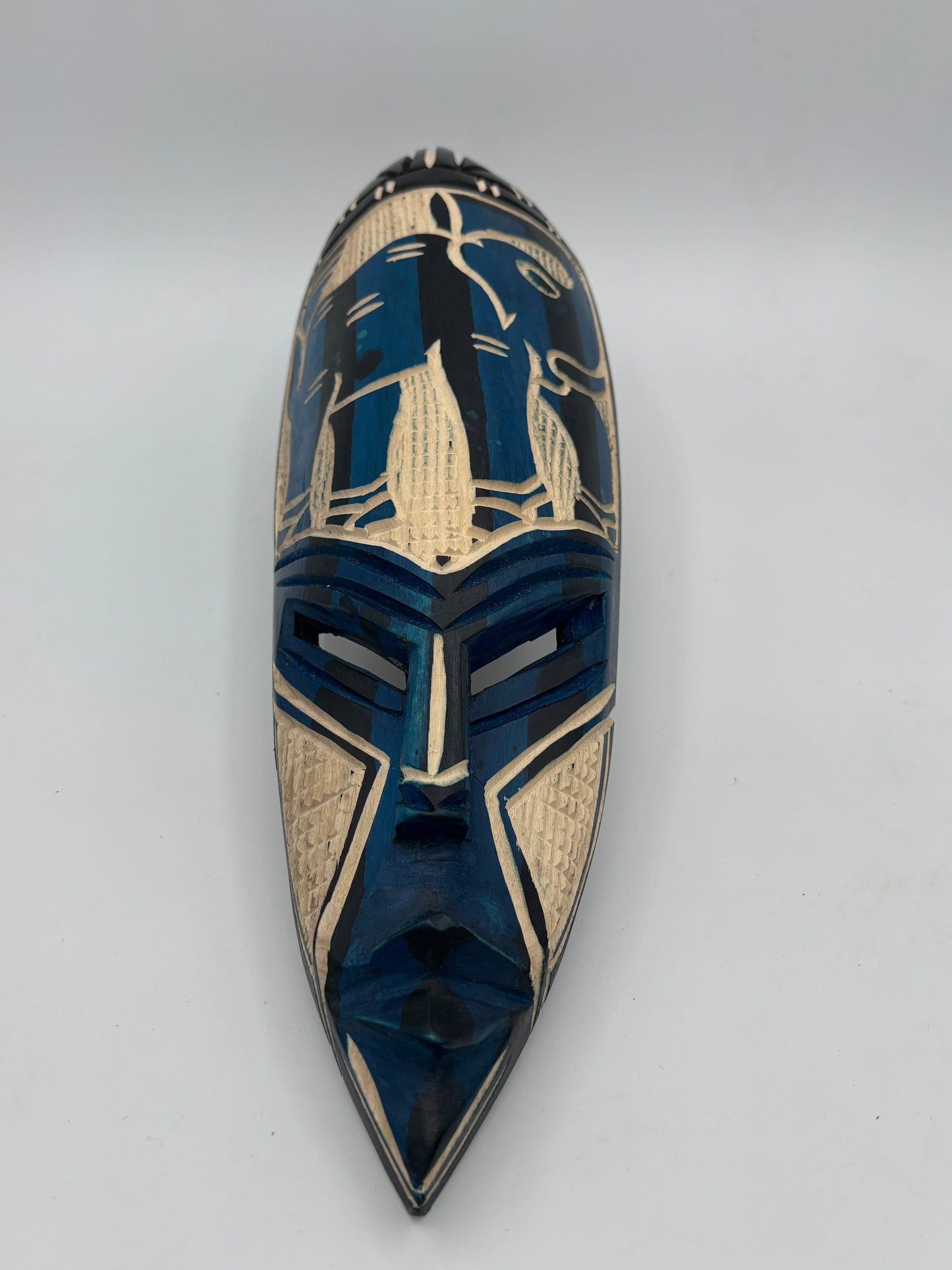 Masque mural africain vintage sculpté à la main – Eléphant bleu – Art sénégalais – Bois naturel