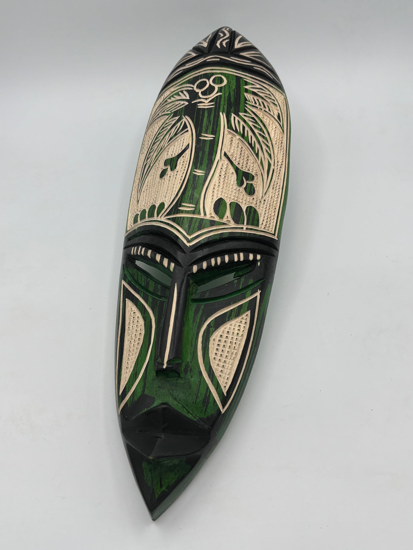 Masque mural africain vintage sculpté à la main – Palmier – Art sénégalais – Bois naturel