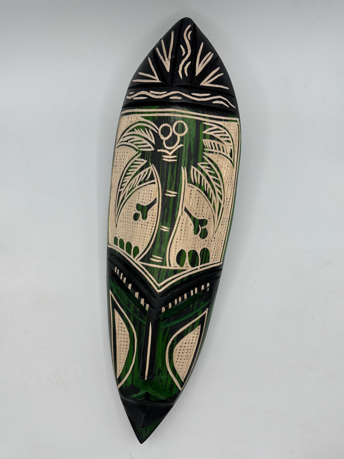 Masque mural africain vintage sculpté à la main – Palmier – Art sénégalais – Bois naturel