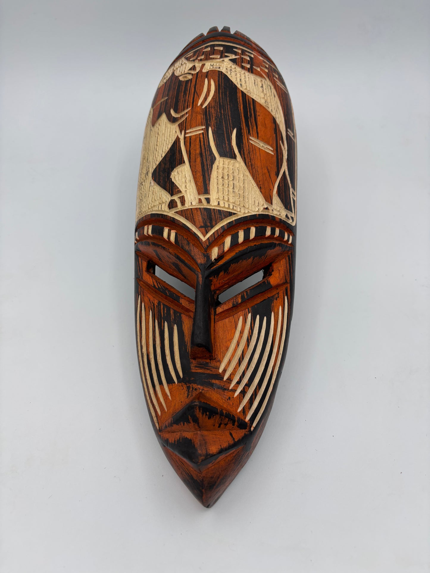 Masque mural africain vintage sculpté à la main – Rhinoceros – Art sénégalais – Bois naturel