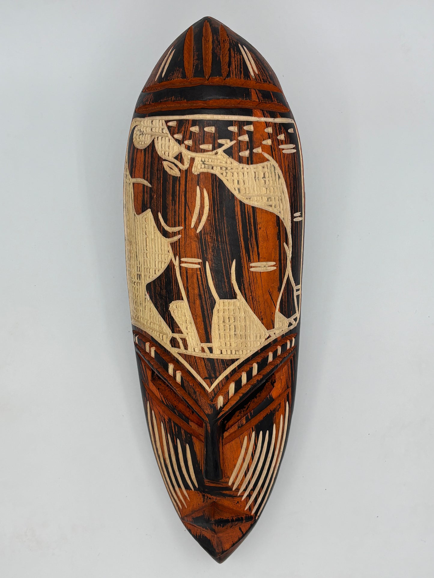Masque mural africain vintage sculpté à la main – Rhinoceros – Art sénégalais – Bois naturel