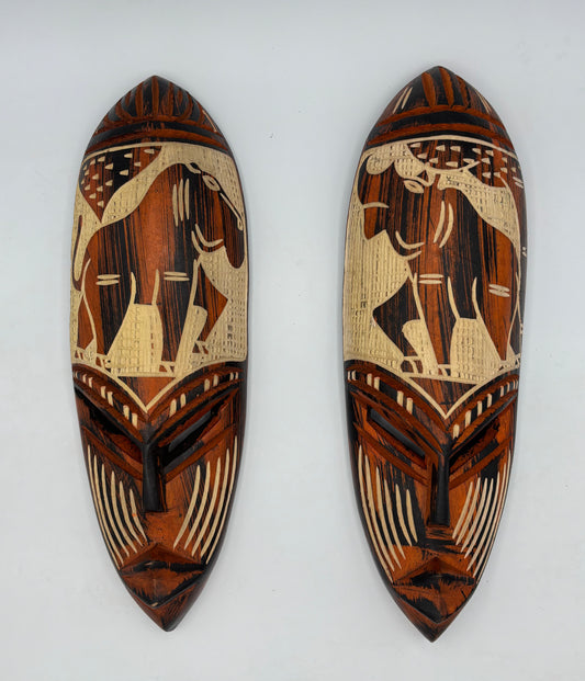 Paire de masques muraux africains - vintage sculpté à la main – Art sénégalais – Bois naturel