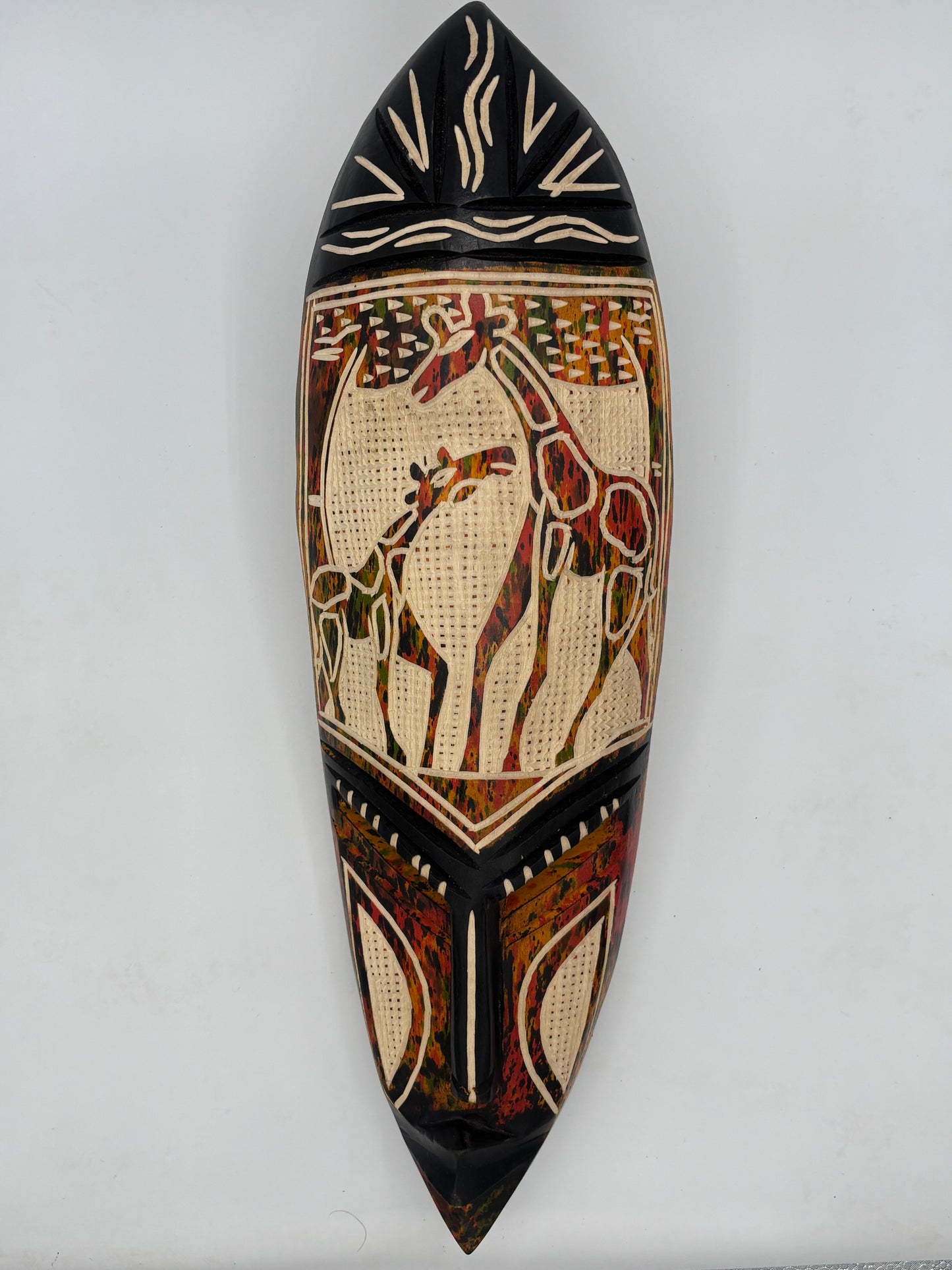 Masque mural africain vintage sculpté à la main – Girafe – Art sénégalais – Bois naturel
