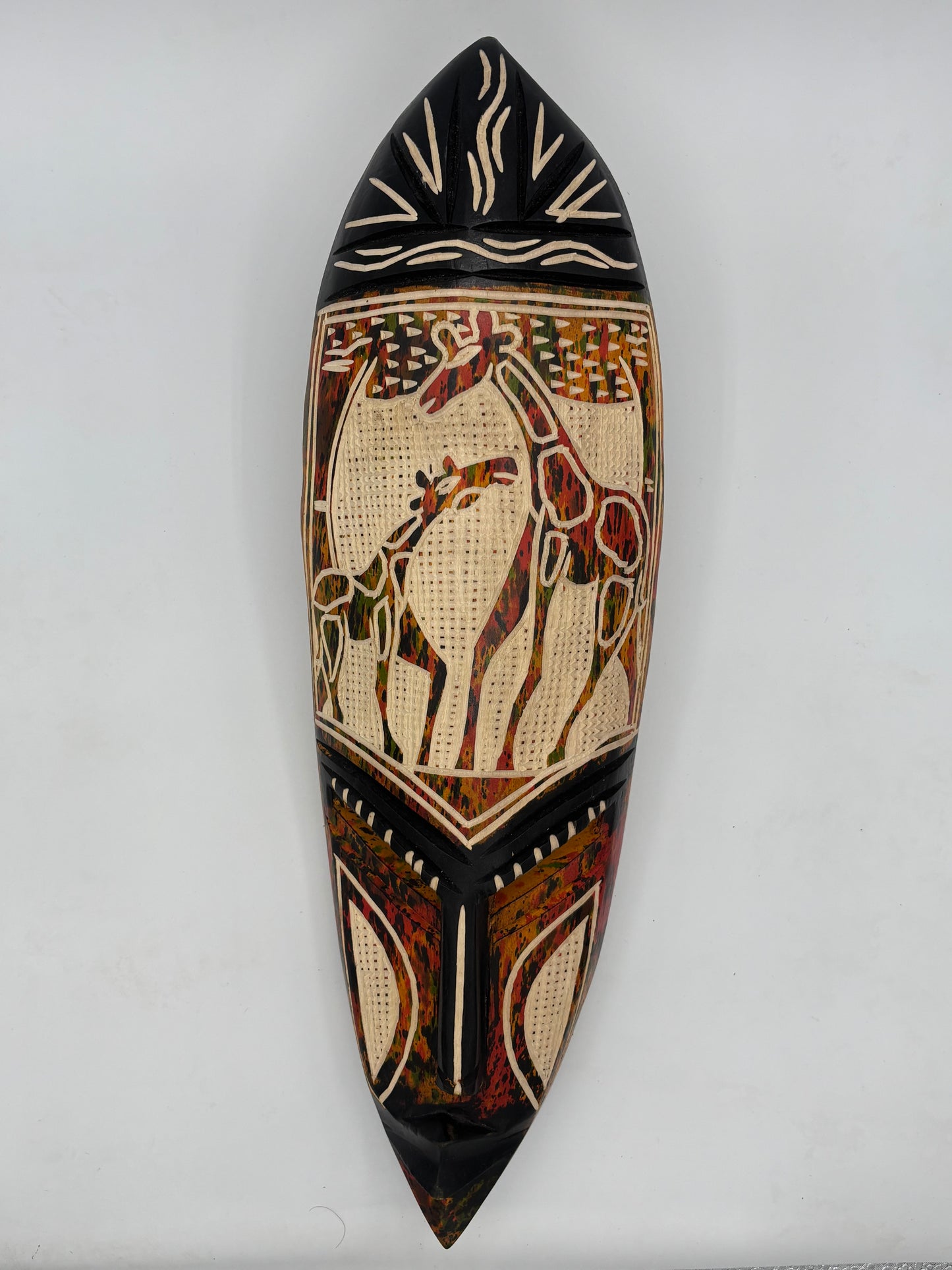 Masque mural africain vintage sculpté à la main – Girafe – Art sénégalais – Bois naturel