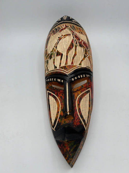 Masque mural africain vintage sculpté à la main – Girafe – Art sénégalais – Bois naturel