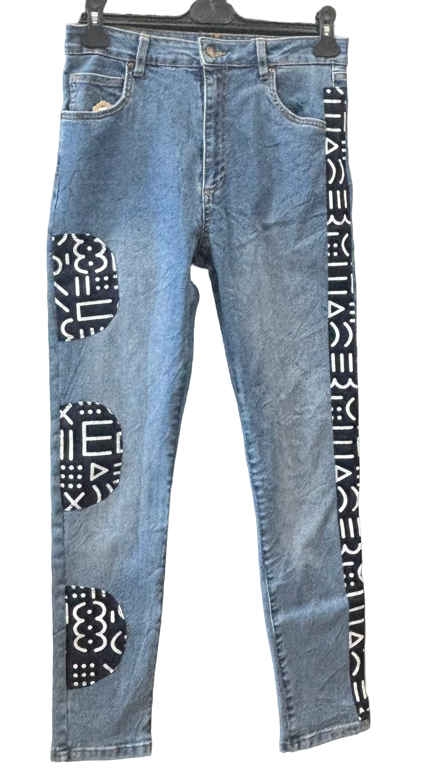 Jean Upcyclé Denim & Wax Graphique Bleu et Blanc – Pièce Unique T36