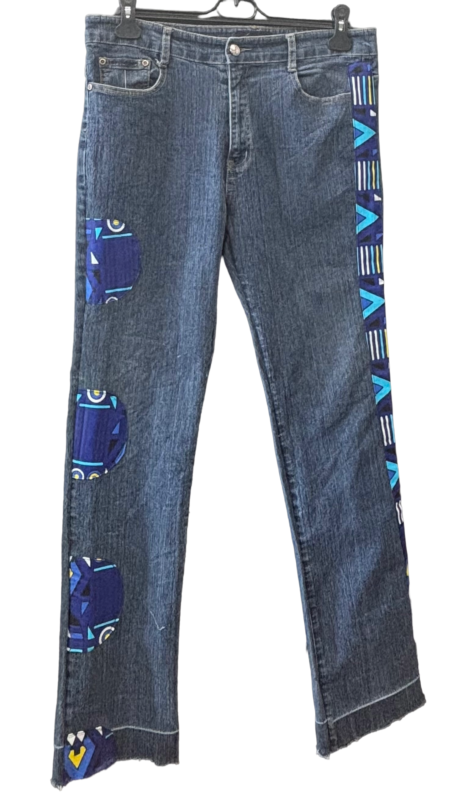 Jean Upcyclé Indigo & Wax Bleu Graphique – Pièce Unique T40