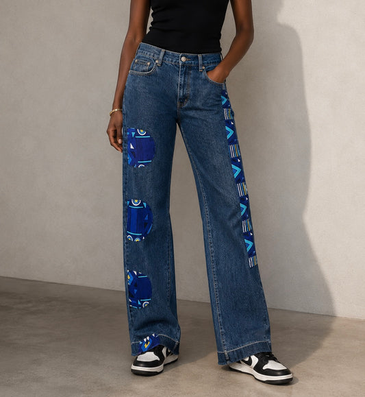 Jean upcyclé wax bleu graphique pièce unique T40