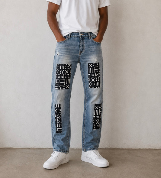 Jean upcyclé denim clair et wax pièce unique T38