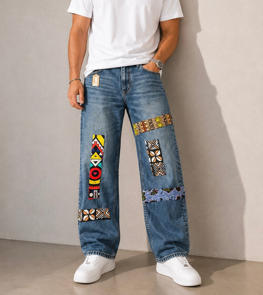 Jean upcyclé patchwork wax héritage urbain fait main